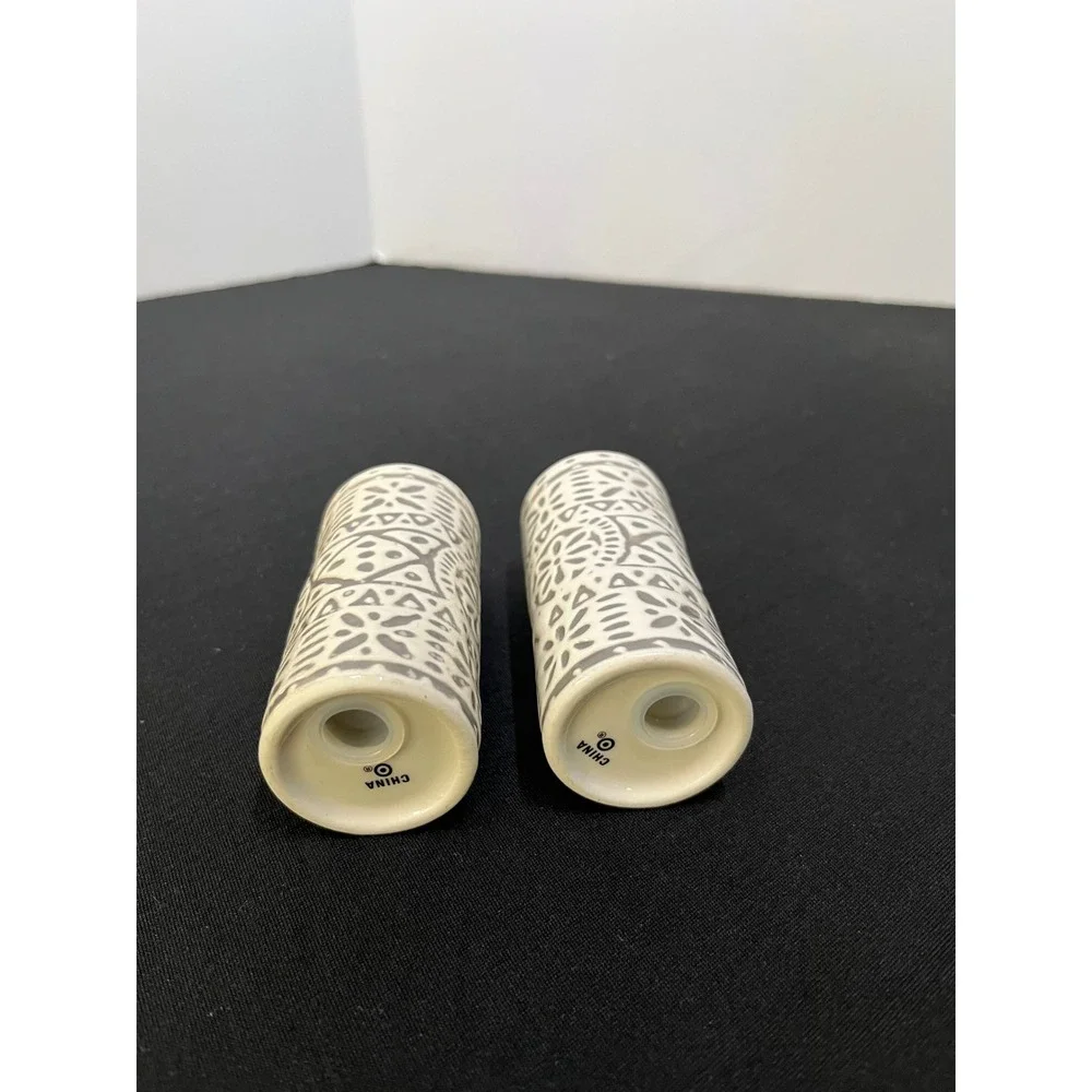 Boho Cream Ceramic Salt and Pepper Shakers Set Embossed Geometric Pattern